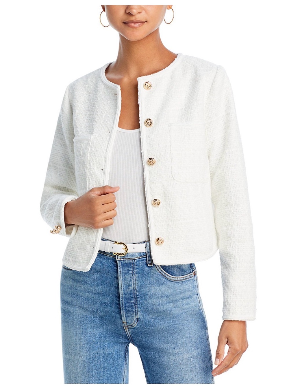 Aqua Tweed Scoop Neck Blazer in Black and White